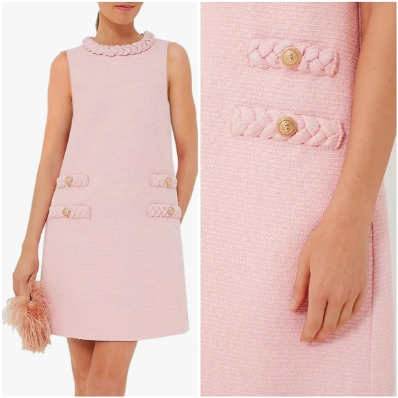 NWT Kedera Light Pink Jackie O Tweed Crew Sleeveless Shift Sheath Mini Dress S - Picture 11 of 16